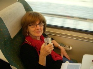 Susan enjoying a gin and tonic as we approach Madrid.